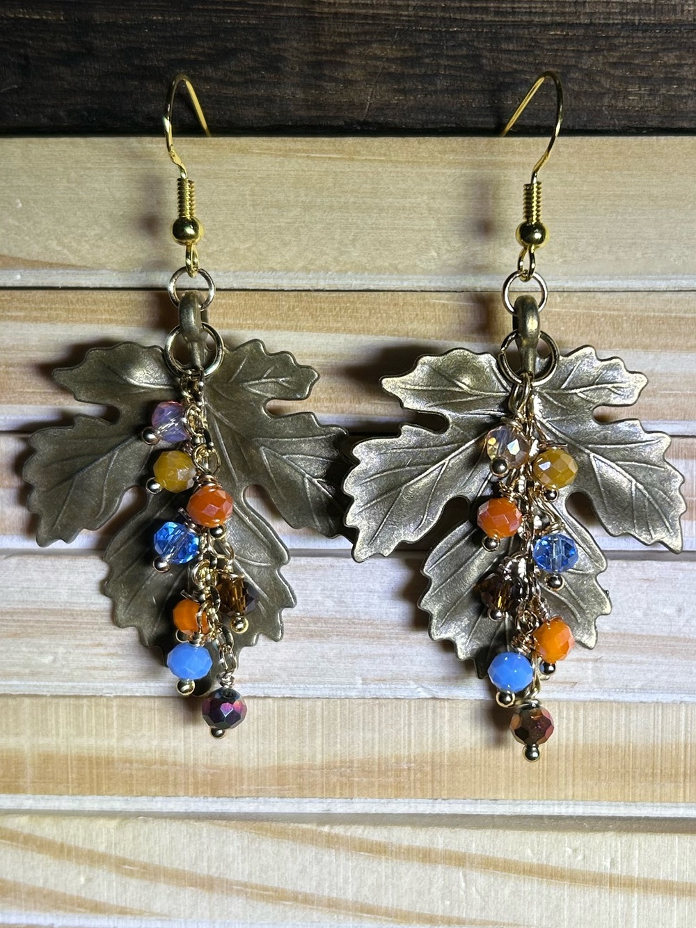 3/$25 Vintage-Inspired Antique Bronze Leaf Drop Earrings with Multicolor Beads